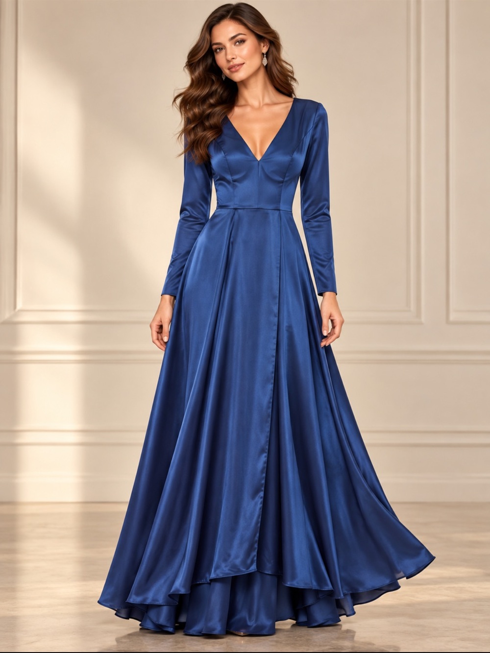 NWT Ieena Mac Duggal 26613 Midnight Satin Long Sleeve Gown Size 6 v-neck, slit